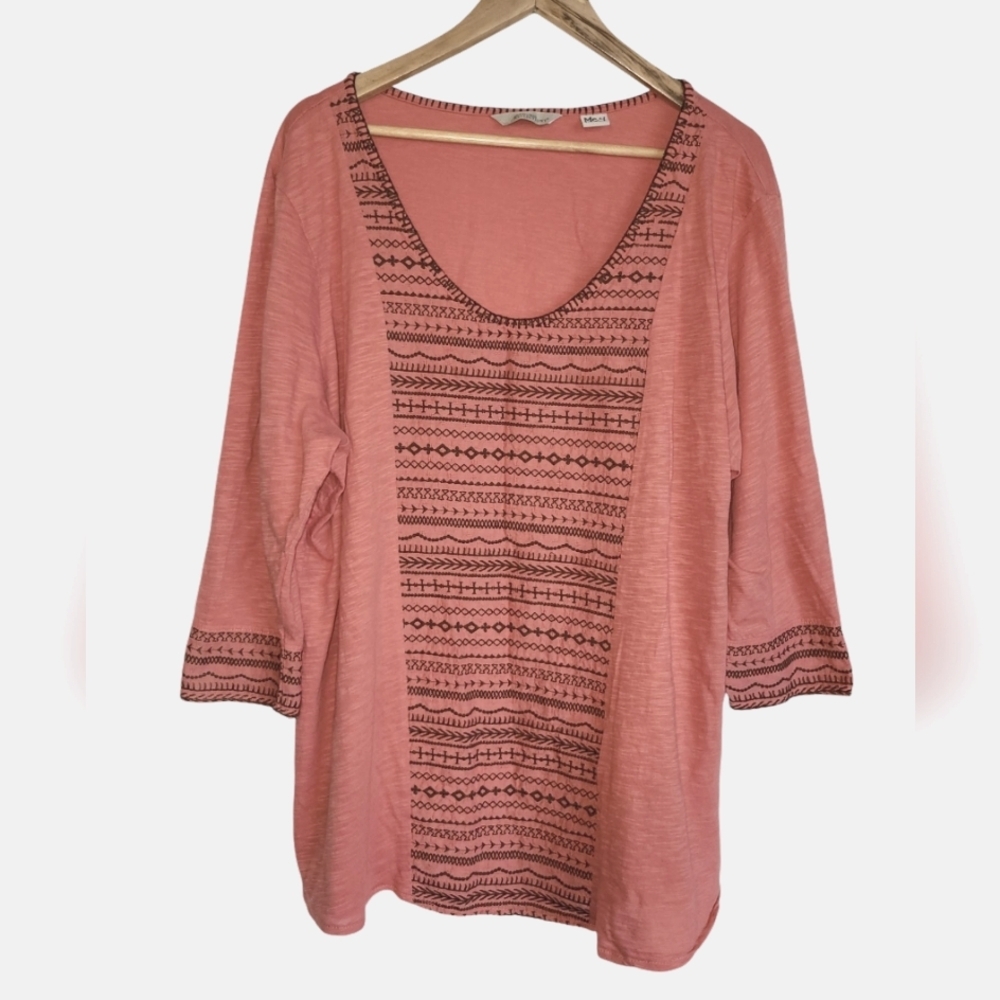 2X 100% Cotton Coral Embroidered Geometric Long Sleeve Tunic Top